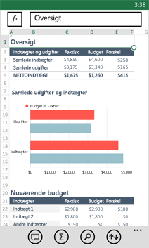 Projektmappe, der er åbnet i Excel Mobile