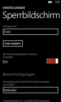 Menü der Einstellungen für den Sperrbildschirm