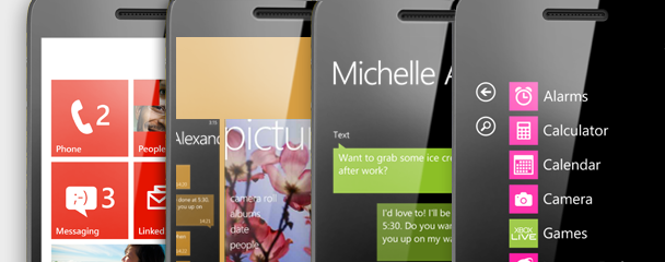 Four phones showing Start, the app switcher, Messaging and the App list.