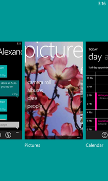 The app switcher showing Messaging, Pictures, and Calendar.