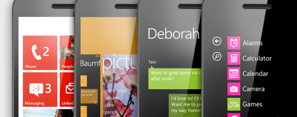 Four phones showing Start, the app switcher, Messaging, and the App list.