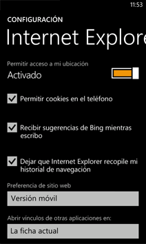 Pantalla de configuración de Internet Explorer Mobile