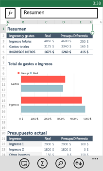 Libro abierto en Excel Mobile