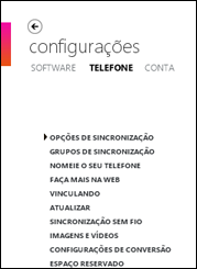 Sincronizar opções no software Zune