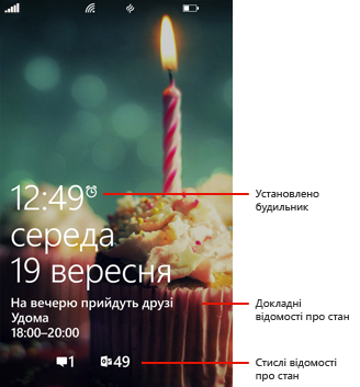 Екран блокування з виносками, де показано значки стану будильника, докладних і стислих відомостей про стан.