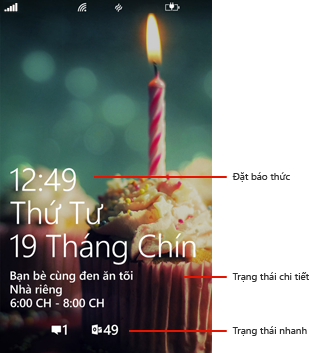 Màn hình khóa với các hộp chú thích cho báo thức, trạng thái  chi tiết và trạng thái nhanh